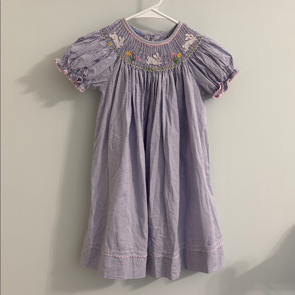 Purple Gingham Smocked Bunnies Dress
